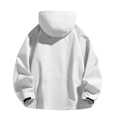 Back view of Heronix white and grey ski jacket insulated for skiing and snowboarding